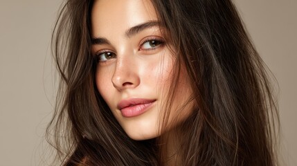 Naklejka premium Portrait of a young woman with beautiful skin and flowing hair, radiating confidence and natural beauty.
