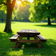 Fototapeta premium Empty rustic wooden picnic table in sunny park, green, nature, picnic table