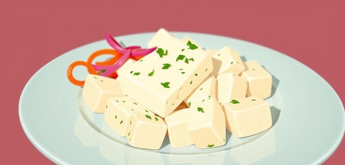 Flat vector illustration of paneer on a plate Indian cheese, Asian cuisine, vegetarian, indian cheese