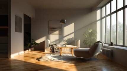 Stylish living room with modern furniture, sunlight streaming through large windows, creating a cozy atmosphere.