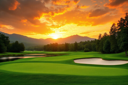 golf course with a green and sand bunkers at sunset