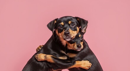 Obraz premium A Canine Embrace Pink Pastel Pals Sweet Puppy Love Tender Moments Doggy Hug Brothers In Arms A Perfect Pair Sealed With A Kiss Best Friends Forever Unconditional Love Heartfelt Connection AI Generated