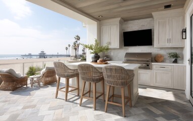Obraz premium Coastal-inspired outdoor living space with whitewashed cabinetry, teak bar stools, and a built-in grill overlooking beachfront views