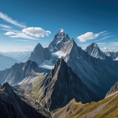 Fototapeta premium A rugged mountain landscape featuring steep, rocky cliffs and boulders, with patches of greenery peeking through the crevices under a clear blue sky.