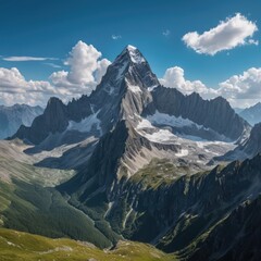 Fototapeta premium The rugged mountain features jagged, rocky peaks and steep cliffs, adorned with patches of green vegetation and a clear blue sky above.
