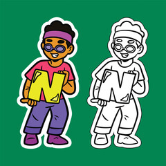Doodle Illustration of a Boy Holding the Letter N