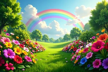 Naklejka premium Lush garden filled with colorful flowers, green grass, and a vibrant rainbow in the sky, sky, lush, garden