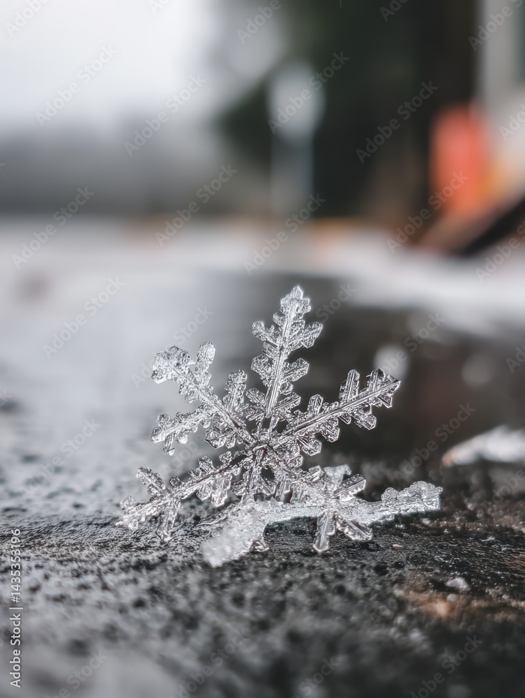 Poster macro shot of a delicate snowflake on a wet surface capturing the intricate details and crystalline 