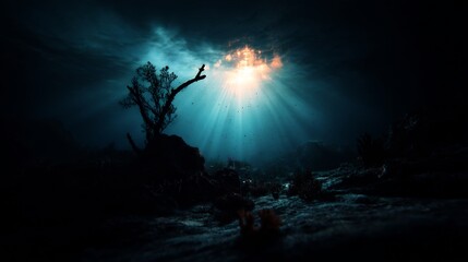 Ethereal underwater scene with light rays illuminating the seabed and tree silhouette