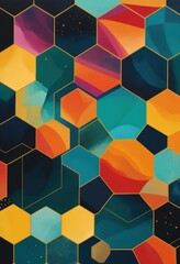 A vibrant abstract background featuring a dynamic arrangement of colorful hexagons in various shades, creating a lively and energetic visual effect.