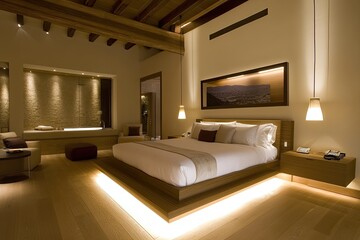 Luxurious bedroom with a modern, warm aesthetic  Wooden beams,  a large bed with a light-up platform, and subtle lighting