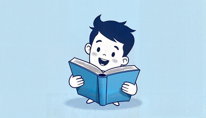 Happy child reading blue book, joyful learning experience