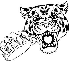 A jaguar, panther, leopard or cheetah wildcat spotted cat hockey sports team mascot holding an ice hockey puck