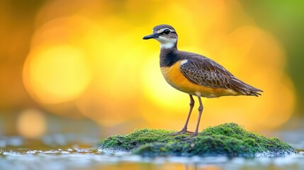 Obraz premium Small wading bird perched on mossy rock, vibrant sunset background
