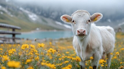 Fototapeta premium White cow in a field of flowers, mountains in the background