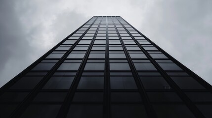 The image shows a tall skyscraper with a black and white color scheme.