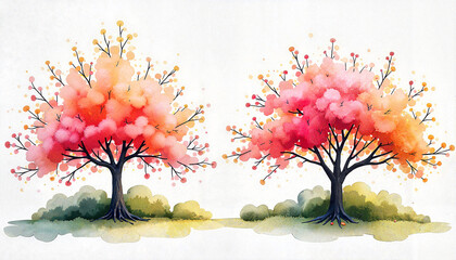 Colorful flowering trees on white background, watercolor landscaping