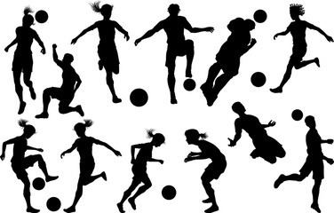 Soccer football player male and female silhouette men and women set
