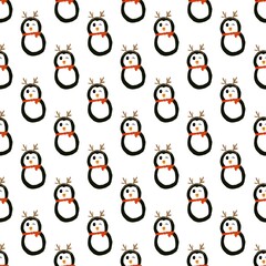 Cute seamless pattern with penguins wearing red scarves and antlers, festive winter holiday design on white background