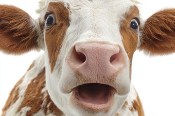 Close up of a surprised cow face with wide open mouth and big eyes in a white background animal portrait capturing the funny expression of a domestic farm mammal