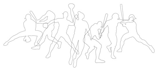 Silhouette baseball or softball player set. Active sports people healthy players fitness silhouettes concept.