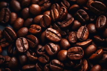 Obraz premium Close-up, Freshly Roasted Coffee Beans, Rich Brown Color Palette, Aromatic Texture, Background