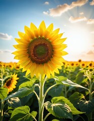 A vibrant sunflower stands tall in the center of a sprawling green field, its bright yellow petals radiating warmth under a clear blue sky.