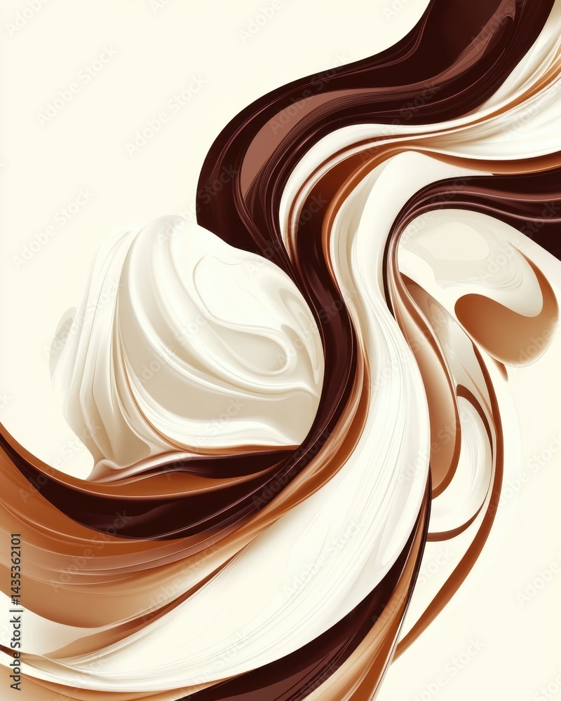 Poster abstract flowing chocolate and cream swirl design with smooth curves and elegant motion creating a d