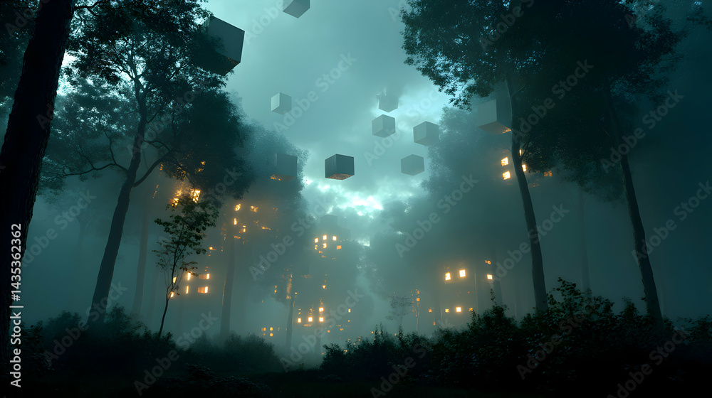 Poster Surreal forest scene with floating cubes and illuminated structures in a mystical atmosphere