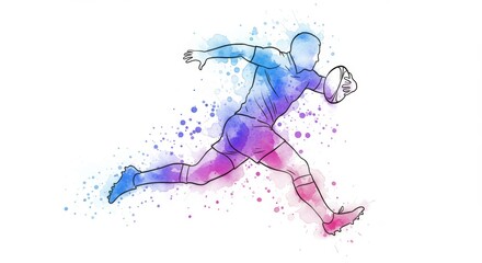 Obraz premium Dynamic Rugby Player Watercolor Illustration with Vibrant Fluid Movement