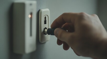 Naklejka premium Hand Plugging Coaxial Cable into Wall Outlet, Closeup of Connection Process