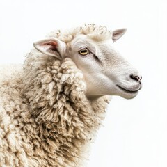 Close up portrait of a sheep with white wool and a bright white background