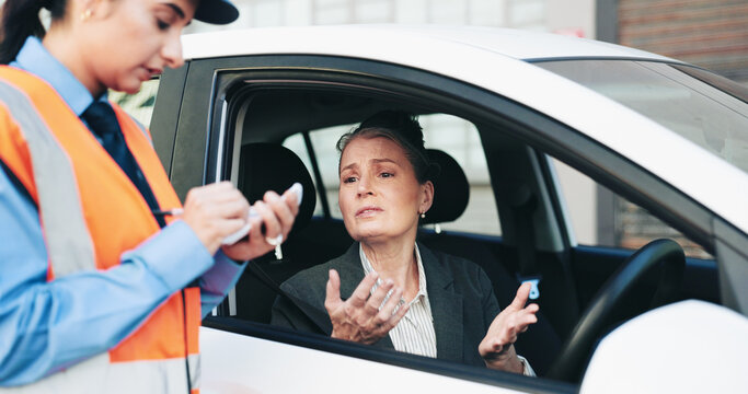 Woman, police and writing fine for car speeding, ticket warning and law violation of crime. Mature person, confused and officer with vehicle stop of penalty fee, bad driving and and question payment