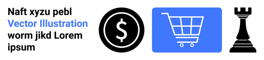 Dollar symbol circle icon, blue shopping cart, black chess rook standing for economy, retail, and planning. Ideal for business, marketing, investments, e-commerce fintech decision-making simple