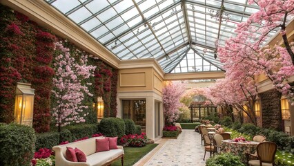 Decorated Christmas trees adorn houses, hotels, and gardens, blending festive cheer with charming architecture and the natural beauty of outdoor plants and flowers