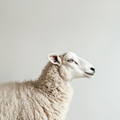 Fototapeta premium Close up of a white sheep with fluffy wool against a plain background