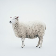 A sheep standing in a snowy field on a bright overcast winter day