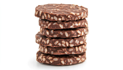 Stack of six chocolate rice cakes isolated on white.