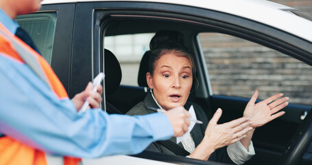 Angry, woman and police with fine for car penalty, speeding warning and conflict of traffic...