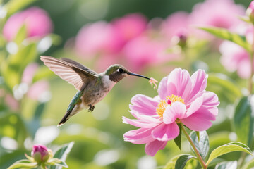 Fototapeta premium A hummingbird flying next to a flower 