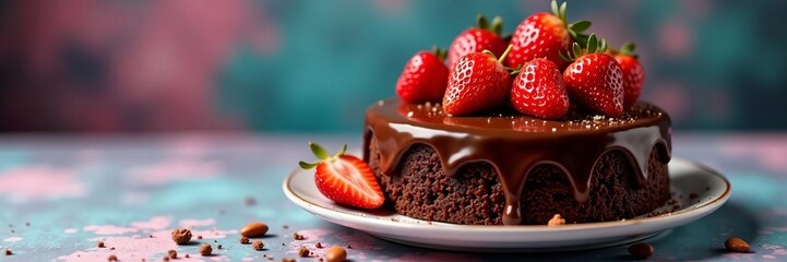 Mouth-watering chocolate cake topped with juicy strawberries on colorful backdrop, strawberry, dessert, vibrant