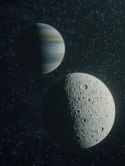 Two celestial bodies in cosmic dance against a backdrop of distant stars space exploration astronomy science fiction visual mood and style of the image