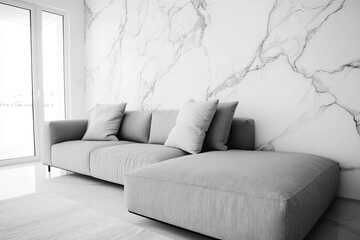 Modern minimalist living room featuring a gray sectional sofa against a marble wall  A large window provides natural light