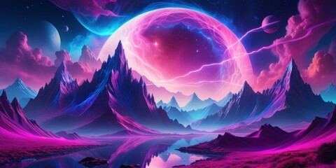 Obraz premium A stunning landscape featuring majestic purple and blue mountains, rugged rocks, and a serene body of water reflecting the vibrant hues of the sky.