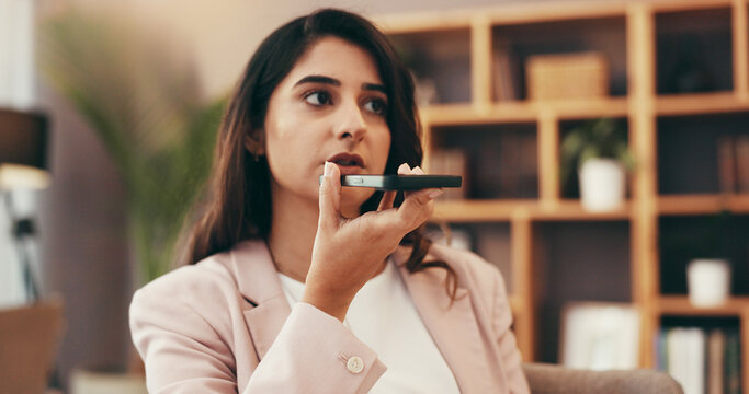 Woman, phone and speaker in office for business, voice memo and speech to text for agenda. Administrator, thinking and mobile in agency for audio message, contact agent and communication on call