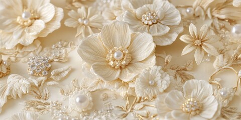 Intricate cream floral arrangement adorned with pearls and crystals