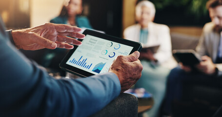 Business charts, hands and meeting with tablet screen for revenue stats, company performance and...