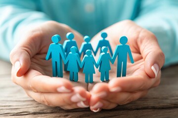 Human community and social care concept with paper-cut figures of family protected in caring hands symbolizing unity