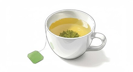 Minimalist Illustration: White Ceramic Teacup with Pale Green Tea Infusion