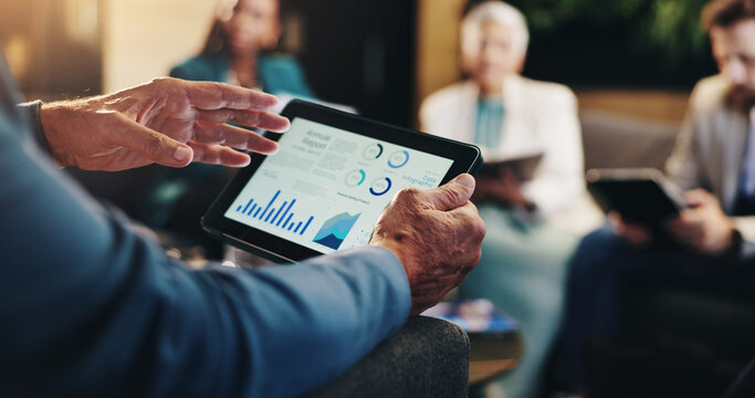 Business charts, hands and meeting with tablet screen for revenue stats, company performance and financial growth. Closeup, investors and graphs for budget forecasting, data analysis or profit report